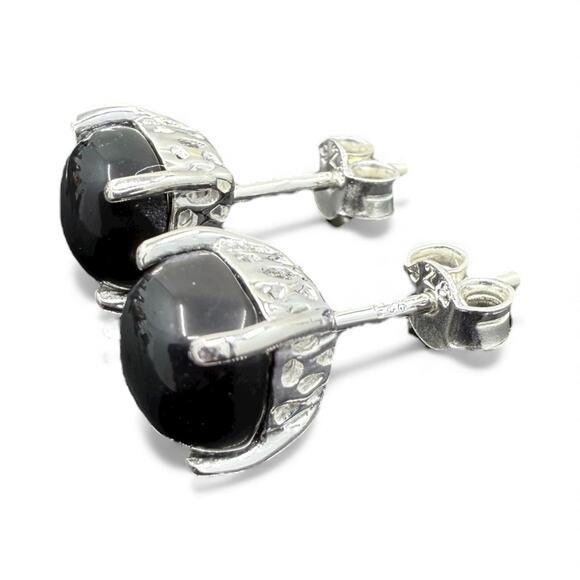 Natural Black Onyx Cabochon Stud Earrings 925 Sterling Silver Handmade - Picture 2 of 4